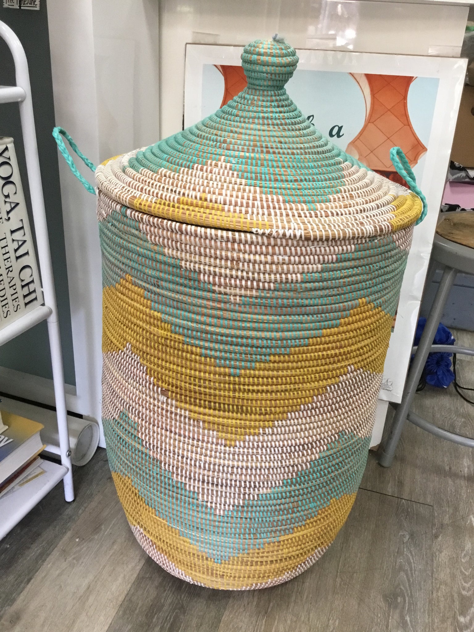 Yellow blue and white basket