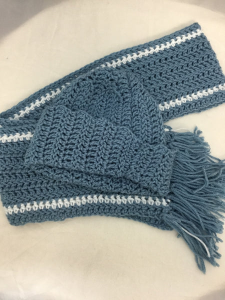 Sky Blue Hand-Knitted Hat and Scarf