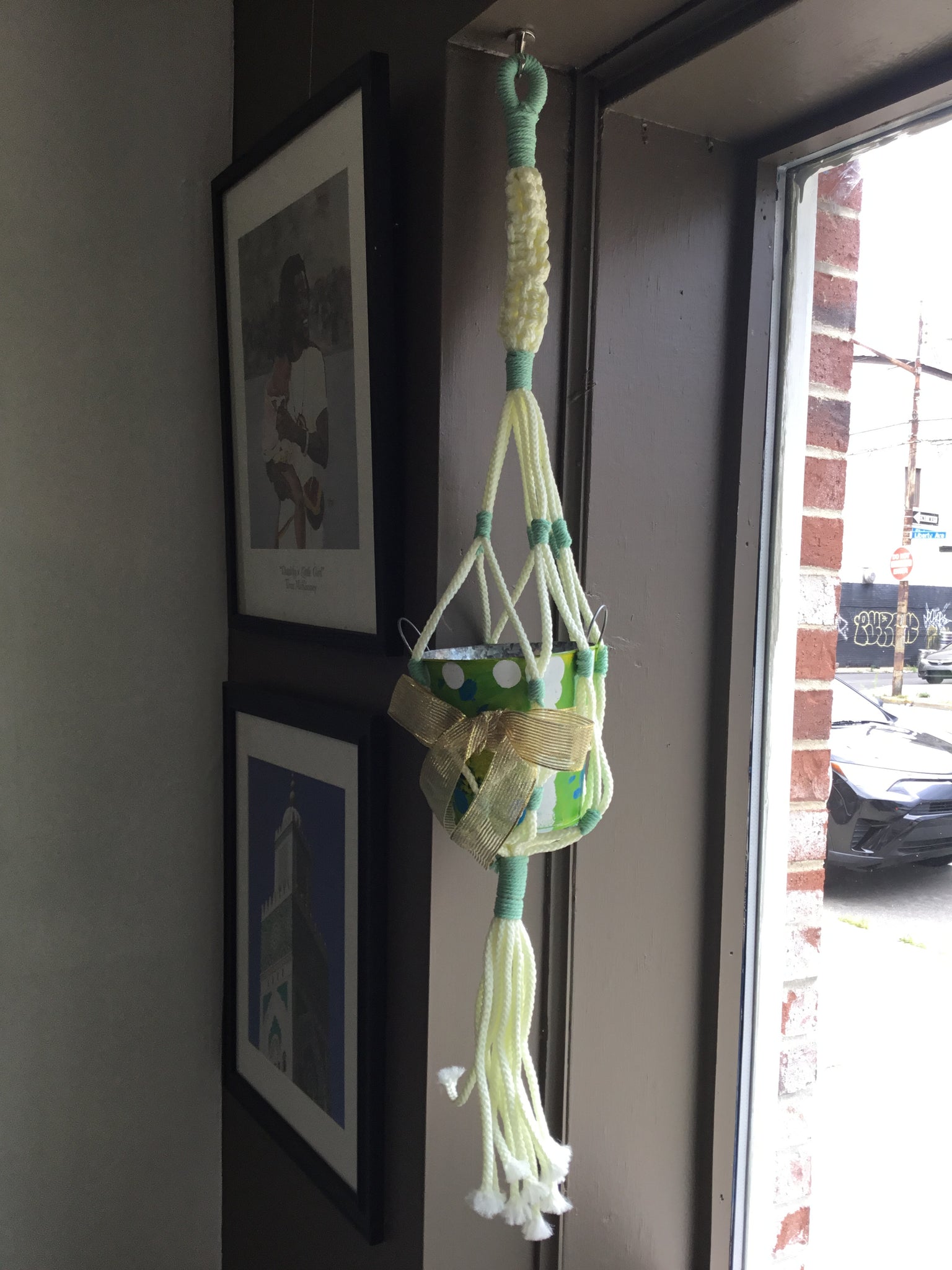 Green Macrame Holder and Bucket