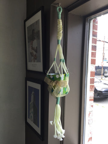Green Macrame Holder and Bucket