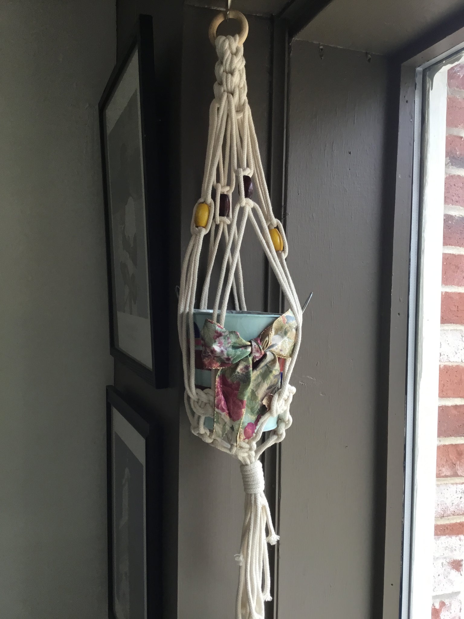 Macrame Holder and Blue Bucket