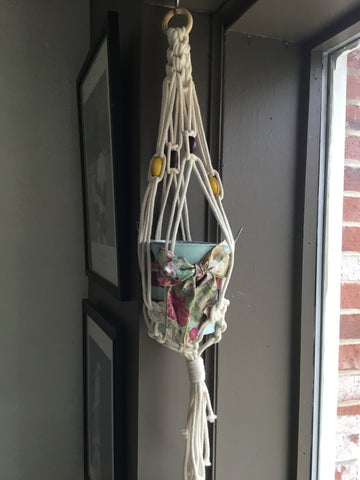 Macrame Holder and Blue Bucket