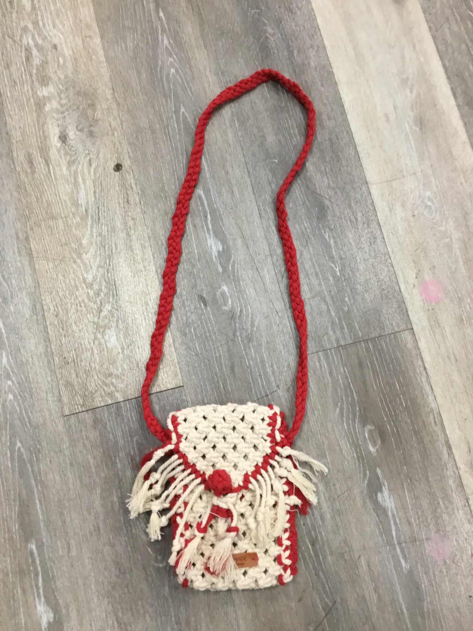 Red and Beige Macrame Woven Cross Body Purse
