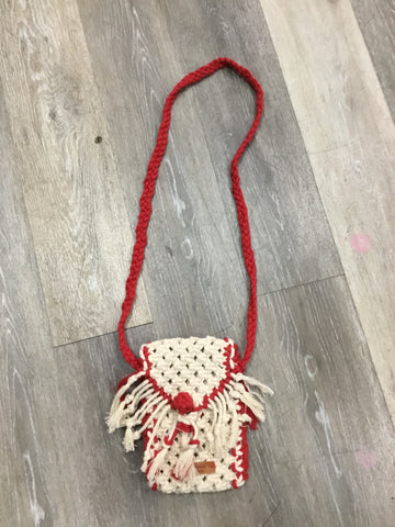 Red and Beige Macrame Woven Cross Body Purse