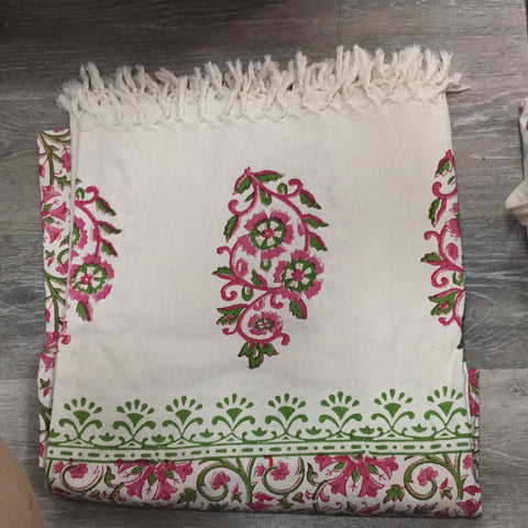 Hand Stamped Pink and Green Table Cloth