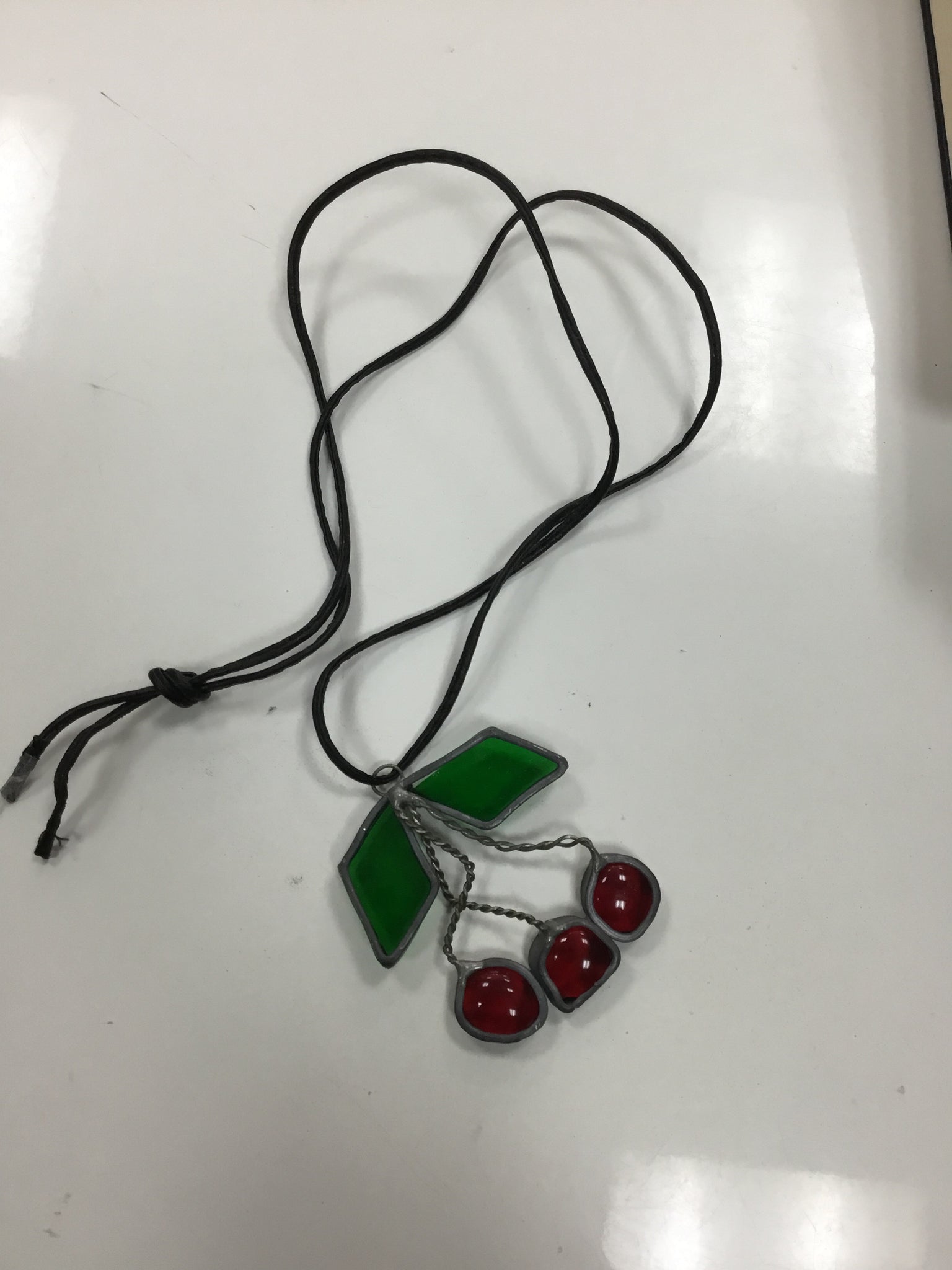 Leather with cherries pendant necklace