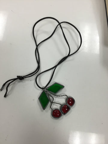 Leather with cherries pendant necklace